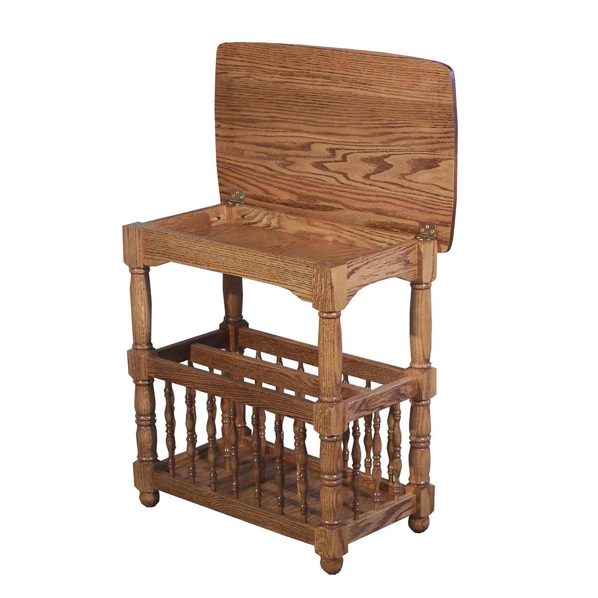 Read more about the article Spindle End Table with Magazine Rack and Storage Under Top – Oak